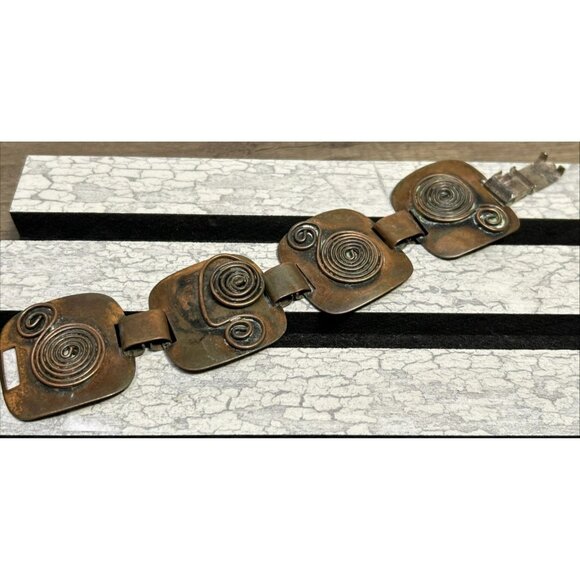 Vintage Solid Copper Modernist Retro Panel SWIRLS Link Bracelet - Picture 1 of 5